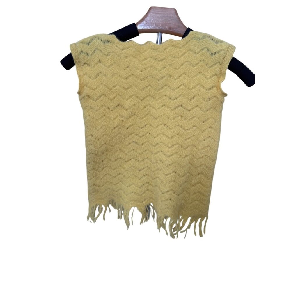 Vtg Asia Knitters Yellow 100% Wool Sweater Vest Top Zigzag Pattern Fringe Hem SM